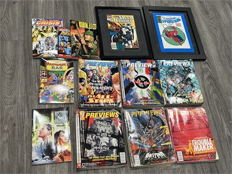 COMIC PREVIEW MAGS, 2 FRAMED COMICS, GRAPHIC NOVELS