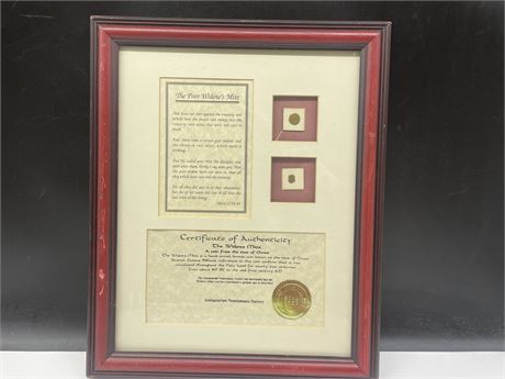 1958 FRAMED THE POOR WIDOWS MITE ANCIENT COIN WITH COA 13”x16”