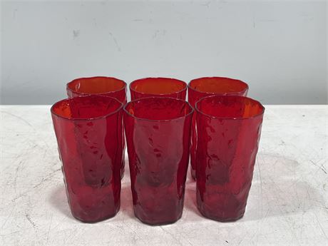 6PC MCM RUBY RED MORGANTOWN CRINKLE DRIFTWOOD TUMBLERS - 5.5” TALL
