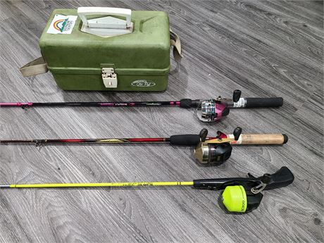 3 FISHING RODS AND TACKLE BOX