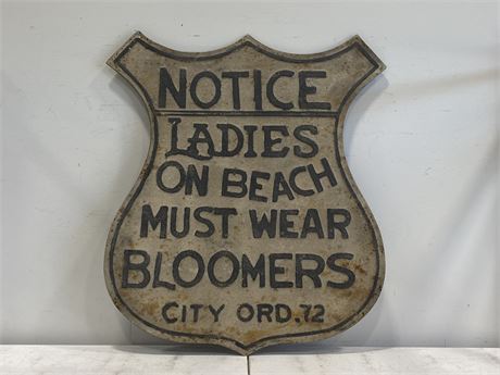 LARGE VINTAGE REPRODUCTION LADIES ON BEACH MUST WEAR BLOOMERS SIGN (34.5”X39”)