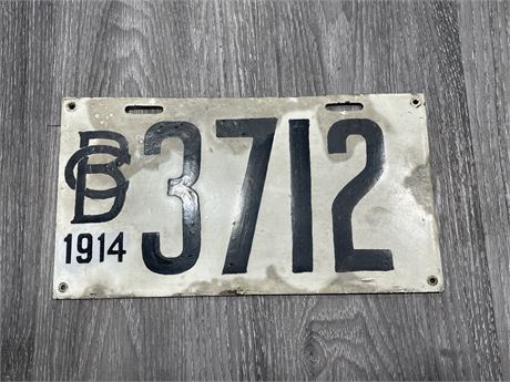 PARTIALLY RESTORED PORCELAIN 1914 BRITISH COLUMBIA LICENSE PLATE