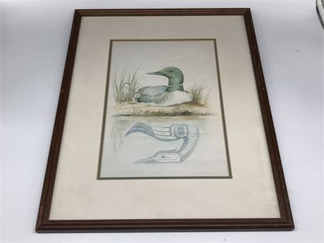 SUE COLEMAN FRAMED PRINT OF A LOON 17X21”