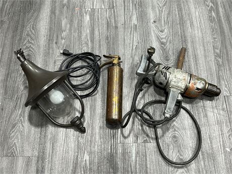 VINTAGE FIRE EXTINGUISHER, HANGING LAMP & HEAVY DUTY DRILL