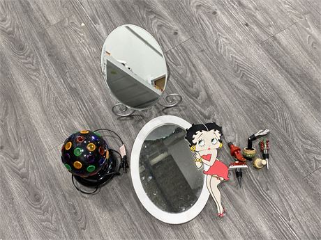 MISC. HOME ITEMS-TWO MIRRORS,DISCO BALL, AND WINE TOPPERS