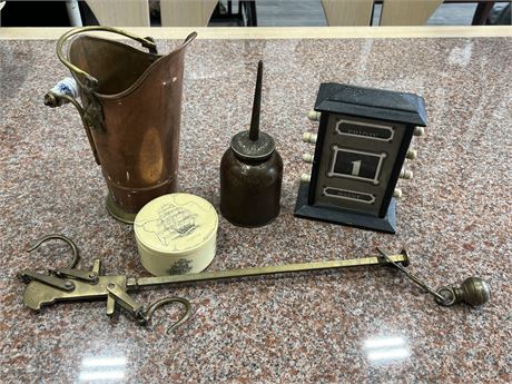 LOT OF VINTAGE ITEMS - OIL CAN, SCRIMSHAW BOX, ETC