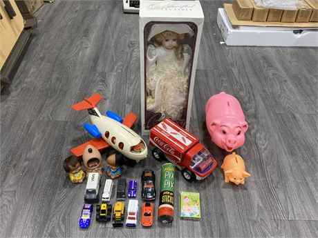 VINTAGE COLLECTIBLE TOYS - FISHER PRICE FUN JET, COKE TRUCK, DOLL, CARS & BANK