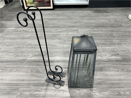 HANGING METAL & GLASS CANDLE HOLDER + 2 WROUGHT IRON PIECES - CANDLE HOLDER 20”