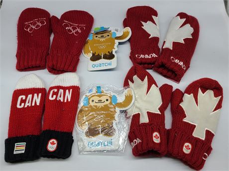 4 PAIRS 2010 OLYMPIC CANADA MITTENS & 2 QUATCHI 2010 OLYMPIC LUGGAGE TAGS