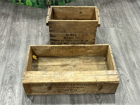 2 VINTAGE WOOD CRATES - EXPLOSIVES & GLASS (Widest is 27”)