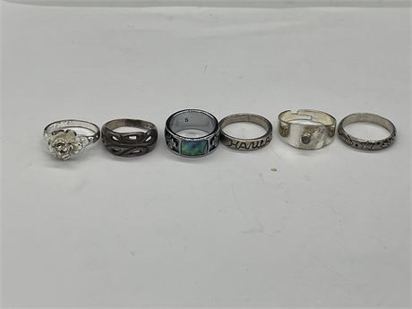 6 MOSTLY 925 STERLING RINGS (LARGEST SIZE 8)