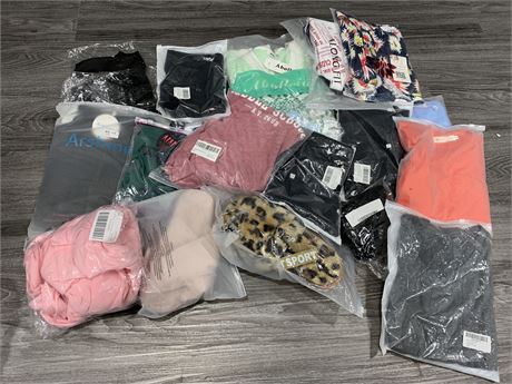 LOT OF MISC WOMENS CLOTHING & SLIPPERS