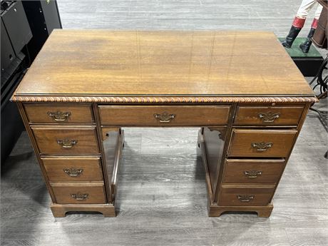 VINTAGE WOOD DOUBLE PEDESTAL DESK W/THICK GLASS TOP (23”x44”x30” tall)
