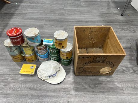 VINTAGE BUTTER BOX W/ LOTS OF OLD TINS