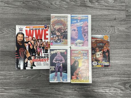 5 WWE VHS TAPES / MAGAZINE