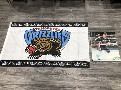 VANCOUVER GRIZZLES FLAG AND WAYNE GRETZKY POSTER