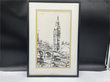 VINTAGE SIGNED DABLO CLOCK TOWER PAINTING 14”x21”