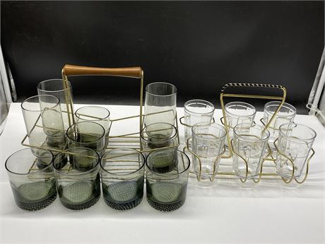 2 VINTAGE GLASS CADDY’S W/GLASSES (LARGEST IS 12”X8.5”)