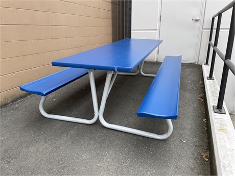 LARGE ALUMINUM BLUE TABLE TOP 8FT x 29” / BENCHES 8FT x 12”