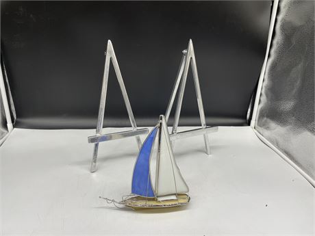 2 MINIATURE SILVER PLATED PICTURE STANDS (13”tall) & SAILBOAT ORNAMENT