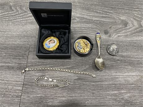STERLING SPOON/BRACELETS + WATCH PARTS AND ETC.