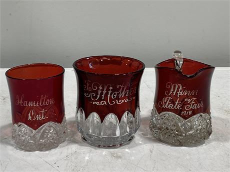 EARLY 1900’S RUBY FLASH GLASS SOUVENIR PIECES W/ETCHING (4”)