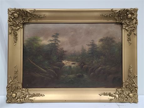 19TH CENTURY LANDSCAPE WATERFALL OIL ON CANVAS (20'x30")