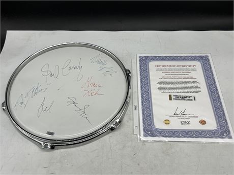 JEFFERSON AIRPLANE BAND SIGNED DRUMHEAD MOUNTED IN CHROME DRUM RING W/COA
