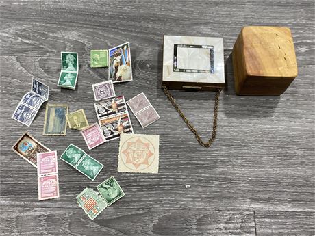 HAND CRAFTED WOOD BOX & ANTIQUE PEARL MAKEUP BOX W/ANTIQUE STAMPS
