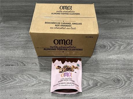 BOX OF 12 NEW OMG! MILK CHOCOLATE ALMOND TOFFEE CLUSTERS - 100G BAGS