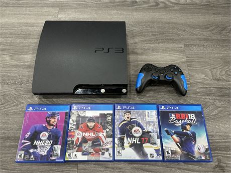 PS3 CONSOLE W/(4) PS4 GAMES + A CONTROLLER