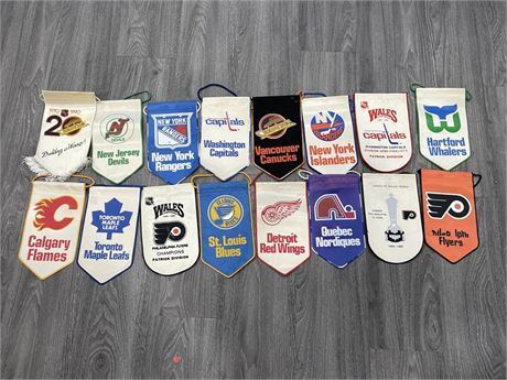 16 SMALL NHL HOCKEY BANNERS 9”