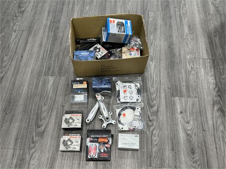 BOX OF MOSTLY NEW STOCK BIKE / OUTDOORS PARTS & ACCESSORIES