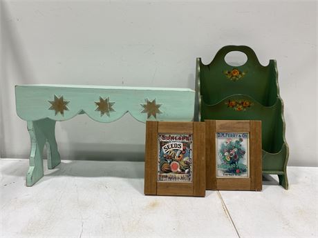 VINTAGE GREEN MAGAZINE RACK / BENCH + 2 SEED PICTURES