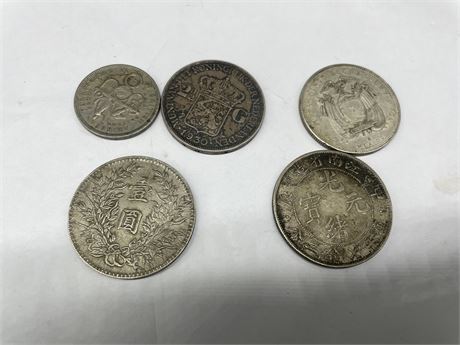 5 SILVER COINS (CHINA, ECUADOR, NETHERLANDS, & CARIBBEAN)