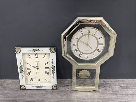 2 DECORATIVE WALL CLOCKS - BOTH WORKING - LARGER ONE IS 18”x12”