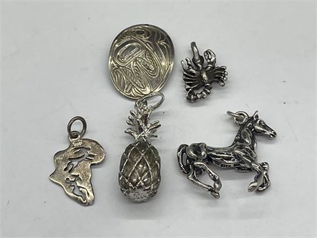 5 STERLING PENDANTS / CHARMS INCL: FIRST NATIONS SIGNED STERLING PENDANT