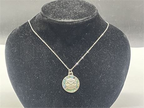 VINTAGE PEWTER + ABALONE MADE IN CANADA PENDANT SIGNED (18”)