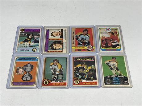 8 VINTAGE 70’s MOSTLY OPC HOCKEY CARDS - SOME CREASED