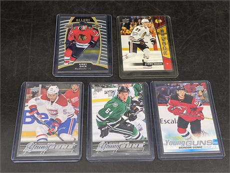 5 NHL ROOKIE CARDS (2 Kirby Dach & 3 Young guns)
