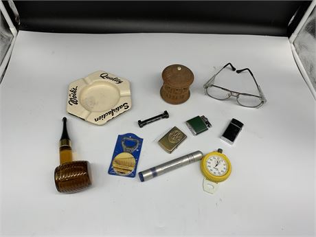 VINTAGE COLLECTIBLE LOT - ASHTRAY, LIGHTERS, STOP WATCH, GLASSES