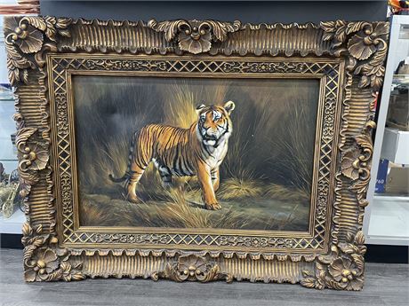 LARGE HEAVILY DECORATED FRAMED OIL ON CANVAS BANGAL TIGER 49”x37”