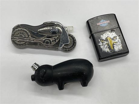 3 VINTAGE LIGHTERS INCL: CHOPPER MOTORCYCLE, AMERICA MC EAGLE, & PIG