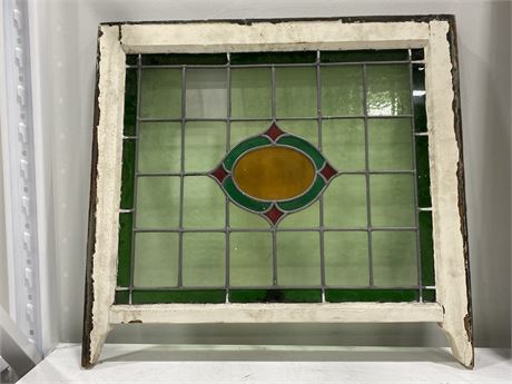 VINTAGE STAINED GLASS / WOOD WINDOW (28”x27”)