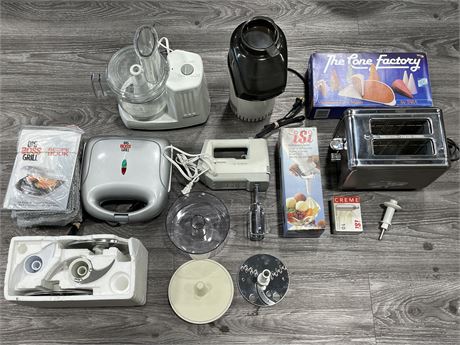 7 APPLIANCES - TOASTER, GRILL, ELECTRIC HAND BEATER, FOOD PROCESSOR, & MORE