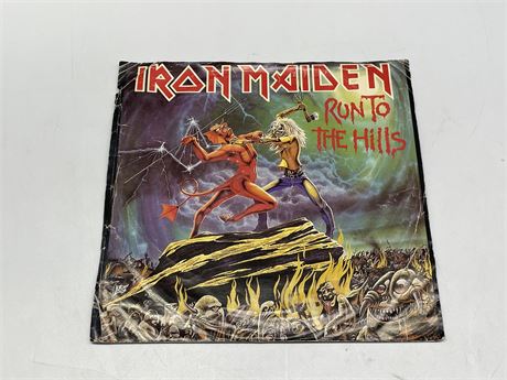 IRON MAIDEN - RUN TO THE HILLS OG 1982 W/ SLEEVE 45 RPM - VG+